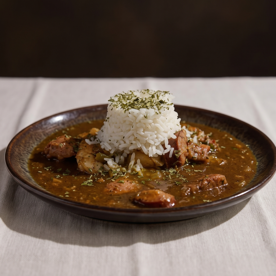Mound of herb-topped white rice surrounded by chunks of meat in rich brown sauce on a dark plate.