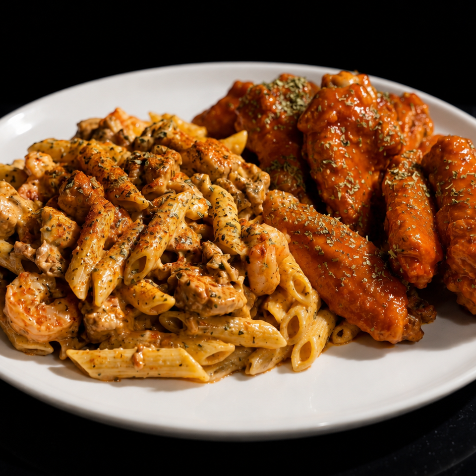 White plate of creamy shrimp penne pasta alongside herb-seasoned chicken wings coated in glossy red sauce.