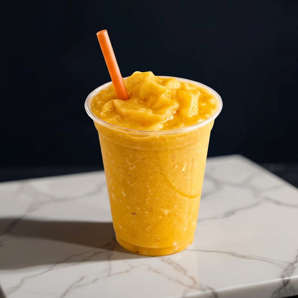 Thick golden-orange smoothie in a clear cup with an orange straw, sitting on a marble tabletop against a dark background.