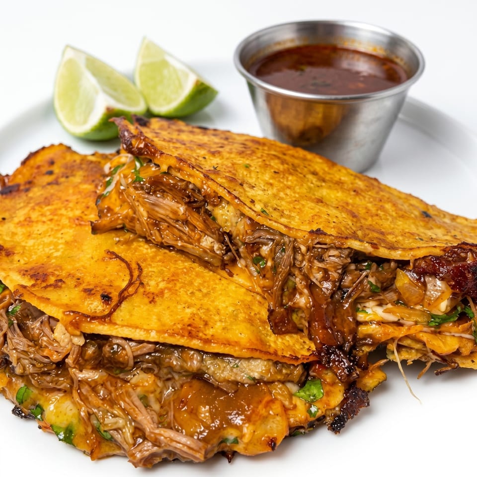 Two golden-brown birria tacos filled with shredded meat, served with lime wedges and a side of consommé.
