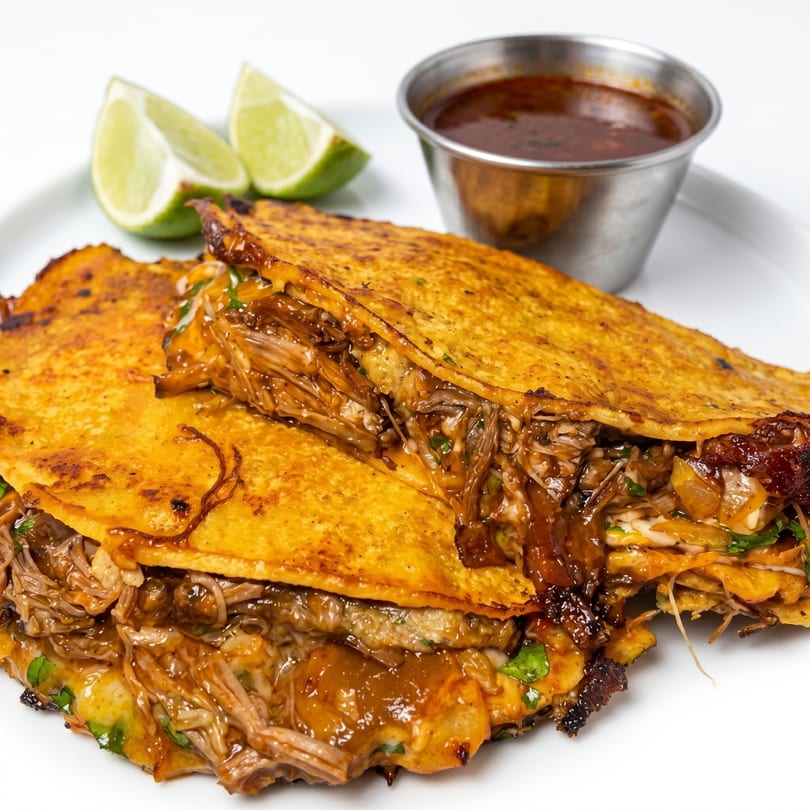 Two golden-brown birria tacos filled with shredded meat, served with lime wedges and a side of consommé.