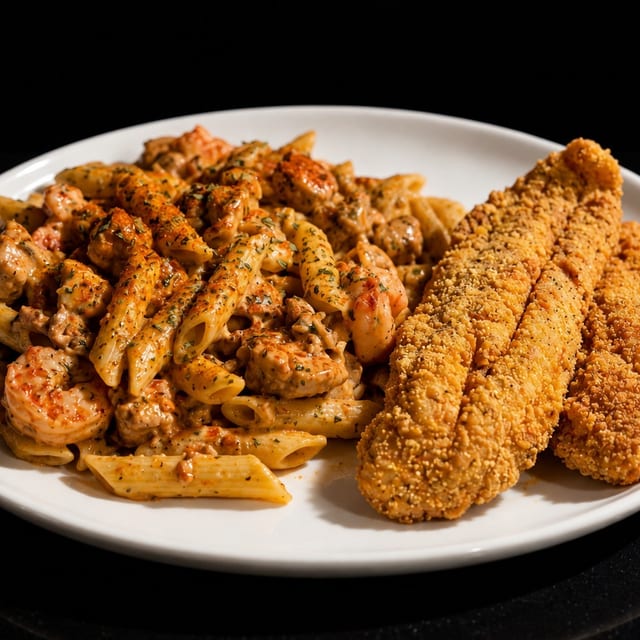 2pc Fish & Cajun Shrimp Pasta.