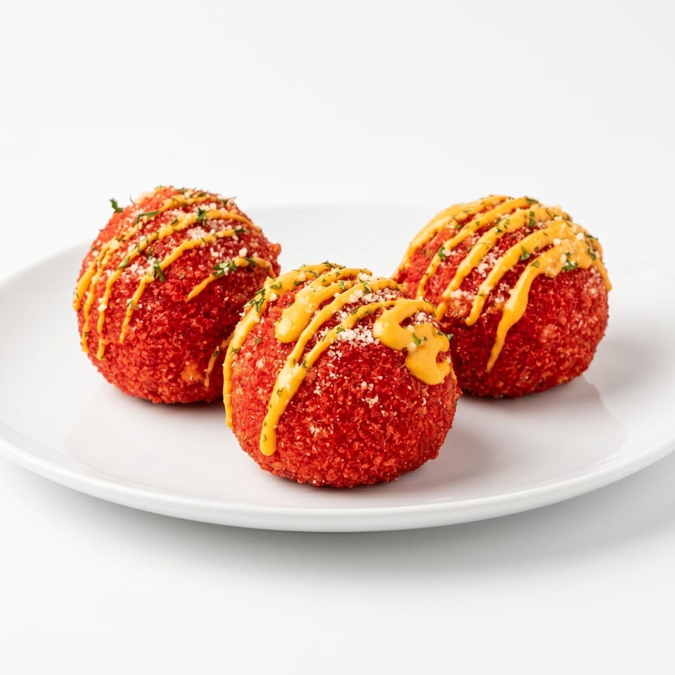 Three red, breaded arancini balls drizzled with yellow sauce, parmesan, and herbs on a white plate.