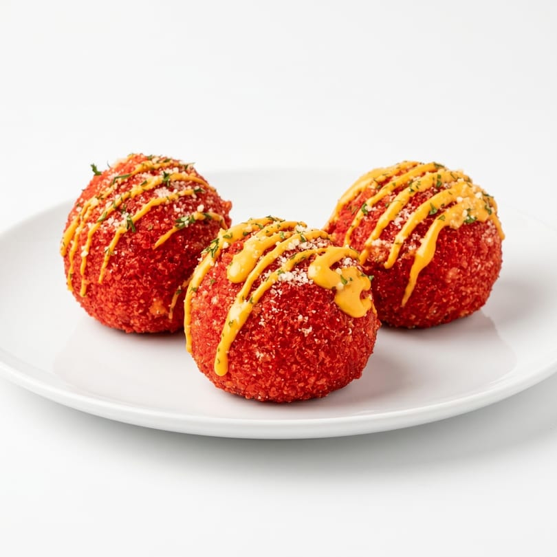 Three red, breaded arancini balls drizzled with yellow sauce, parmesan, and herbs on a white plate.