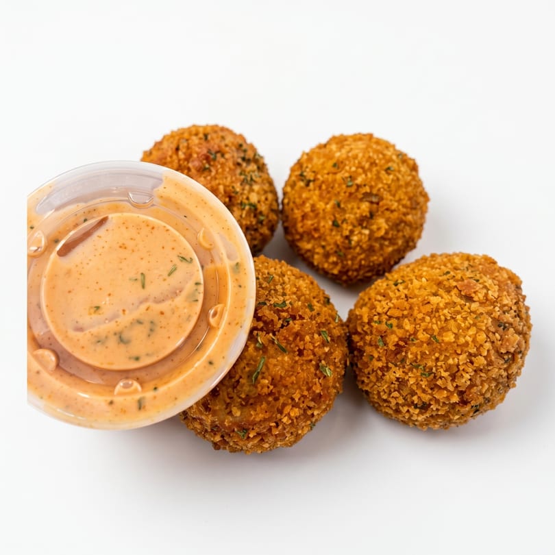 Five golden-brown fried croquettes with a side of creamy dipping sauce in a plastic cup.