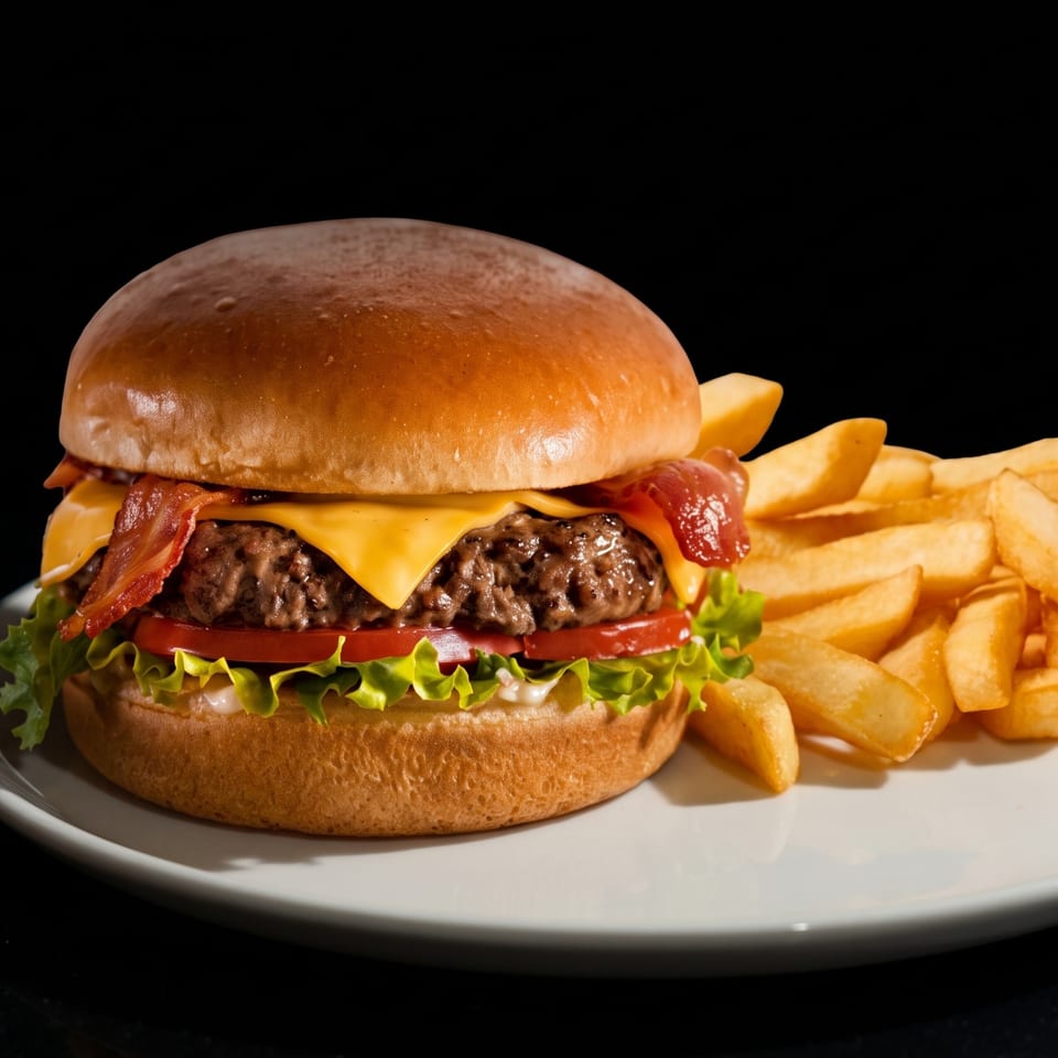 Cheeseburger topped with bacon, lettuce, tomato, and sauce, served with golden French fries on a plate.