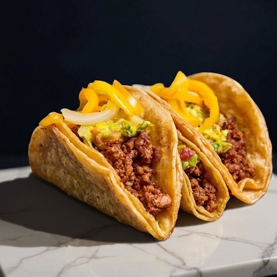 Three crunchy tacos filled with seasoned ground meat, guacamole, yellow peppers, and onions on a marble surface.