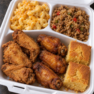 6 Wings Fried Mac n' Cheese, Dirty Rice , Kale Greens, w/Cornbread & Drink