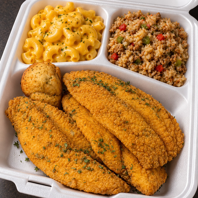 2pc Fish, Mac n' Cheese, Dirty Rice, Kale Greens w/ Cornbread And Drink.