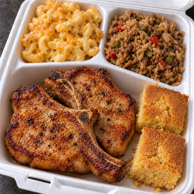 2 Fried Chops, Dirty Rice, Mac n' Cheese & Cornbread.
