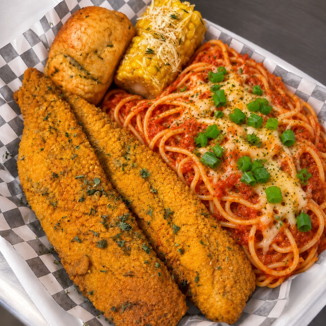 Italian Spaghetti, Two Piece, Fish, Garlic Butter, Corn On The Cob, Cornbread.