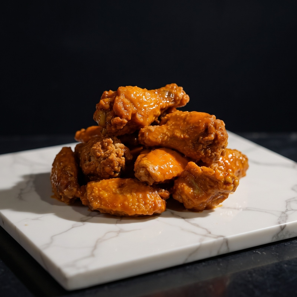 Pile of glossy, saucy fried chicken wings arranged on a white marble serving plate against a dark background.