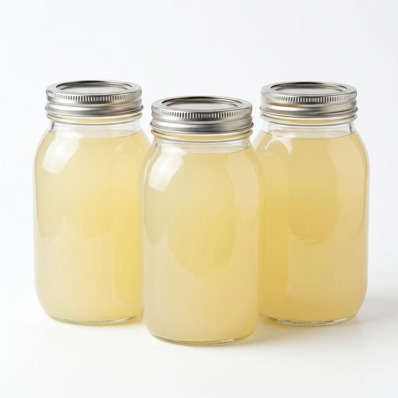 Three mason jars filled with light yellow liquid, sealed with silver lids, on a white background.