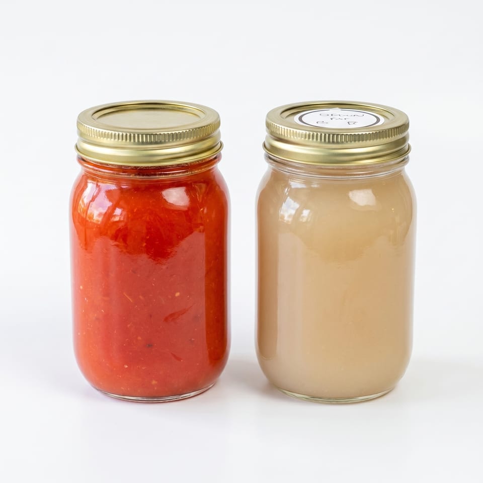Two mason jars, one with red sauce and one with light brown liquid, on a white background.
