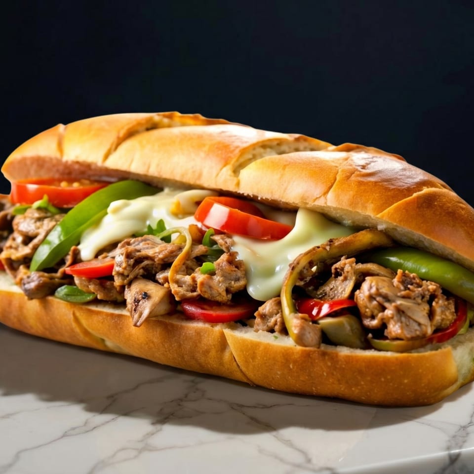 Grilled meat sandwich on a crusty baguette with melted cheese, peppers, onions, and tomatoes on a marble counter.