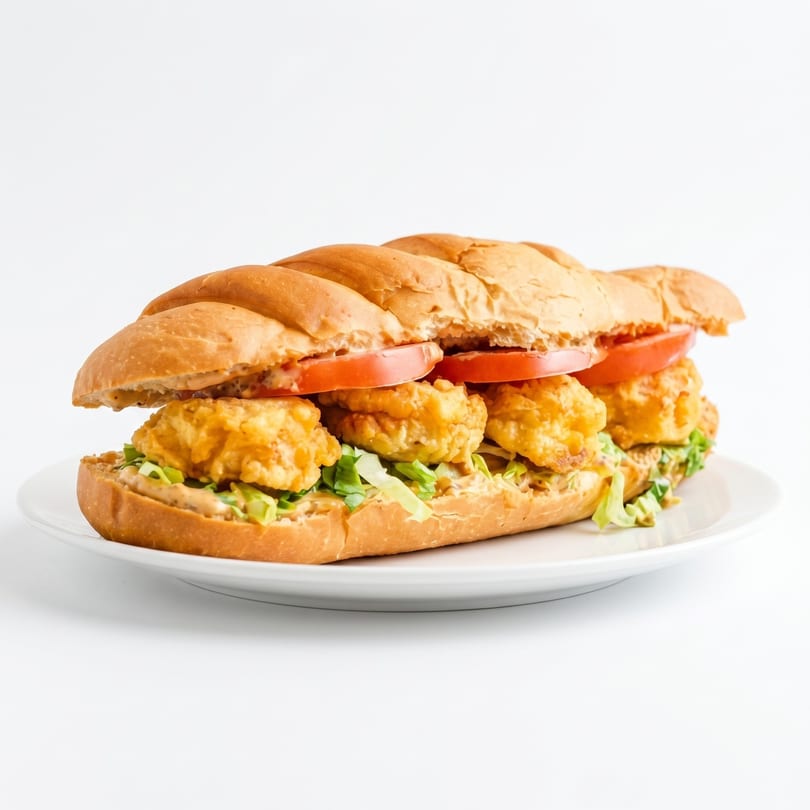 A shrimp po'boy sandwich with lettuce, tomatoes, and sauce on a white plate.