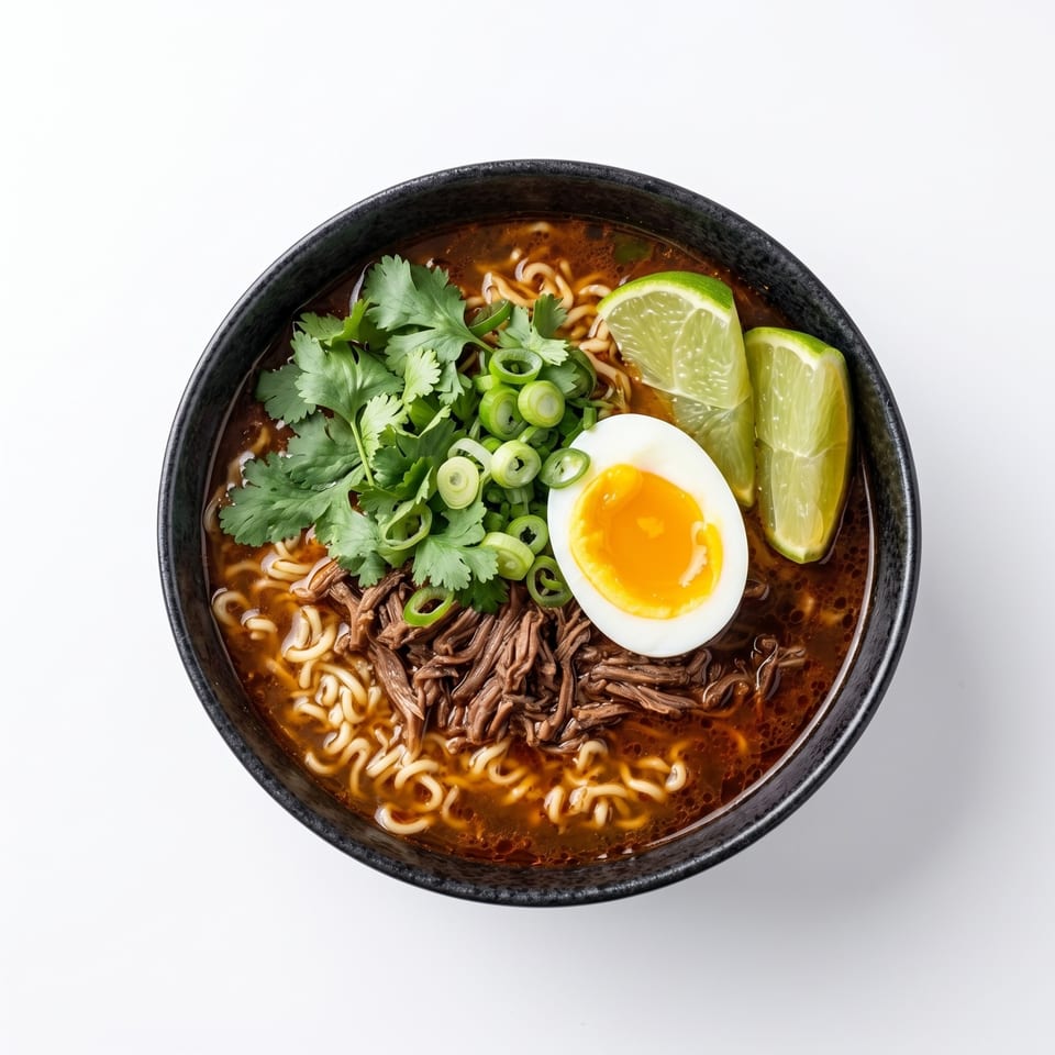 Ramen bowl with noodles, shredded beef, soft-boiled egg, cilantro, green onions, and lime wedges.