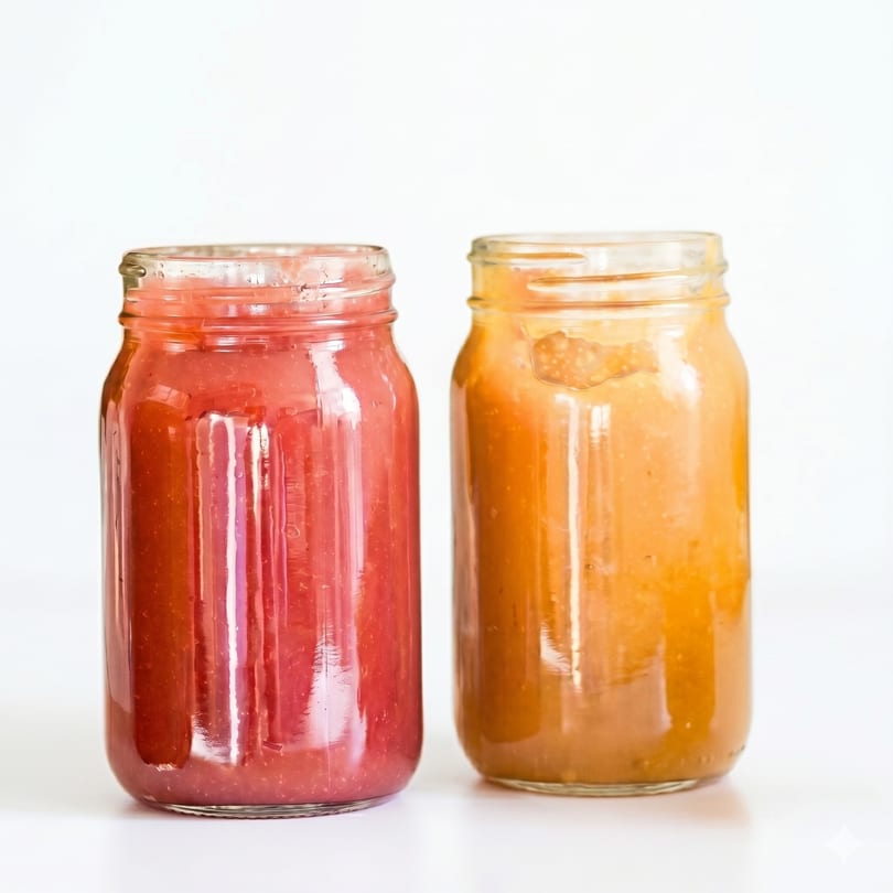 Two glass jars filled with vibrant red and orange fruit purees, set against a white background.