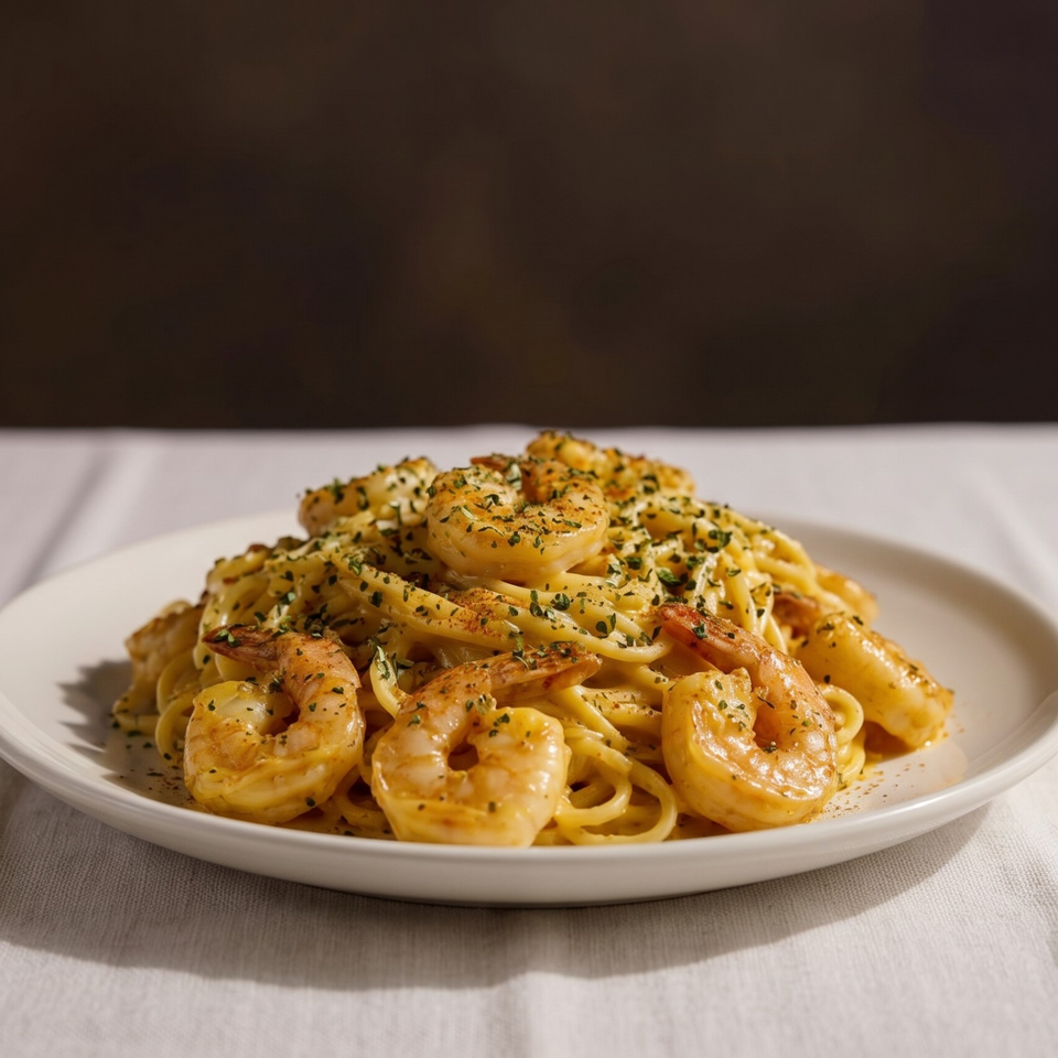 Creamy shrimp spaghetti topped with herbs and spices, served on a white plate.