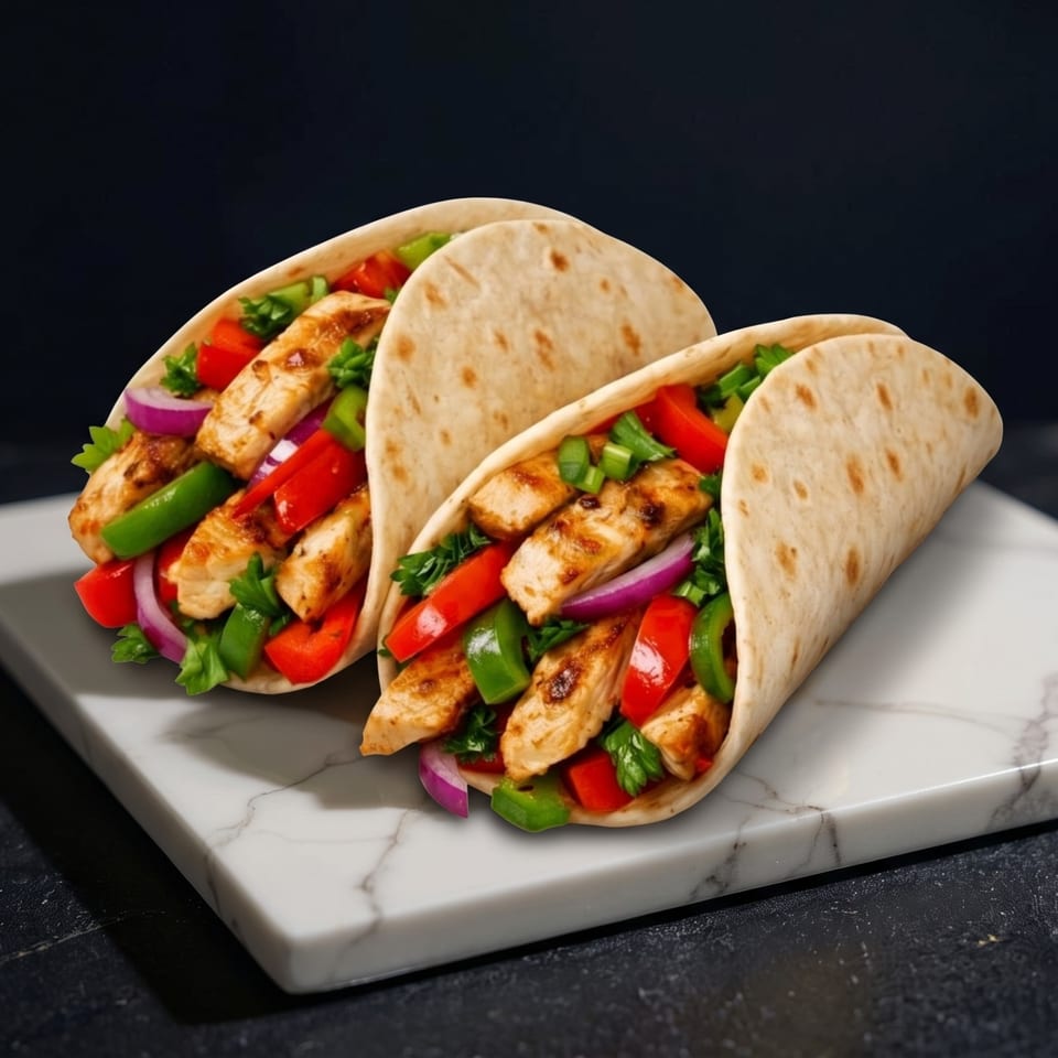 Three grilled chicken tacos with tomatoes, green peppers, red onions, and cilantro on a marble serving board.